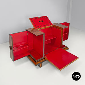 Wooden bar cabinet with red interior and inlay decorations, 1930s