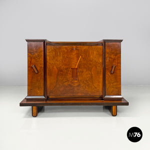 Wooden bar cabinet with red interior and inlay decorations, 1930s