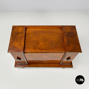 Wooden bar cabinet with red interior and inlay decorations, 1930s