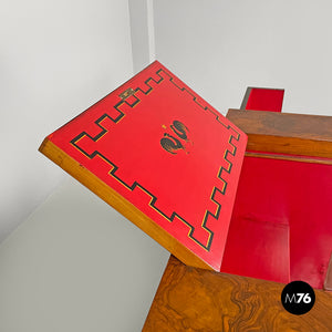 Wooden bar cabinet with red interior and inlay decorations, 1930s