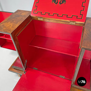 Wooden bar cabinet with red interior and inlay decorations, 1930s