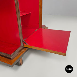 Wooden bar cabinet with red interior and inlay decorations, 1930s