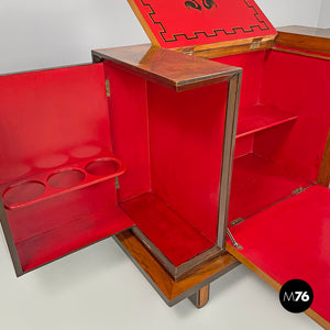 Wooden bar cabinet with red interior and inlay decorations, 1930s