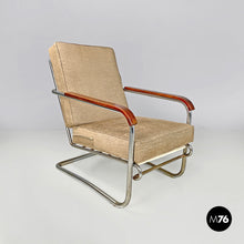 Load image into Gallery viewer, Bauhaus armchair in chromed metal and light brown fabric, 1940s
