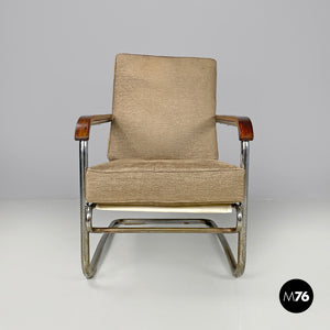 Bauhaus armchair in chromed metal and light brown fabric, 1940s