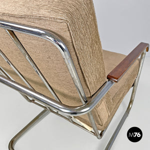 Bauhaus armchair in chromed metal and light brown fabric, 1940s