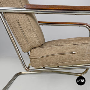 Bauhaus armchair in chromed metal and light brown fabric, 1940s