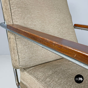 Bauhaus armchair in chromed metal and light brown fabric, 1940s