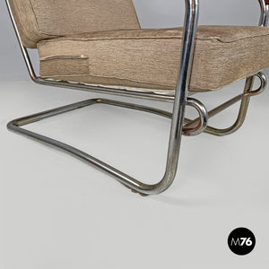 Bauhaus armchair in chromed metal and light brown fabric, 1940s