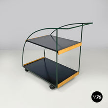 Load image into Gallery viewer, Trolley with two shelves in black laminate and green metal, 1980s
