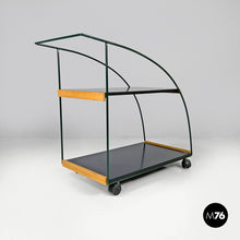 Load image into Gallery viewer, Trolley with two shelves in black laminate and green metal, 1980s
