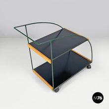 Load image into Gallery viewer, Trolley with two shelves in black laminate and green metal, 1980s
