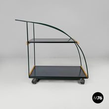 Load image into Gallery viewer, Trolley with two shelves in black laminate and green metal, 1980s
