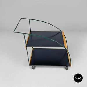 Trolley with two shelves in black laminate and green metal, 1980s