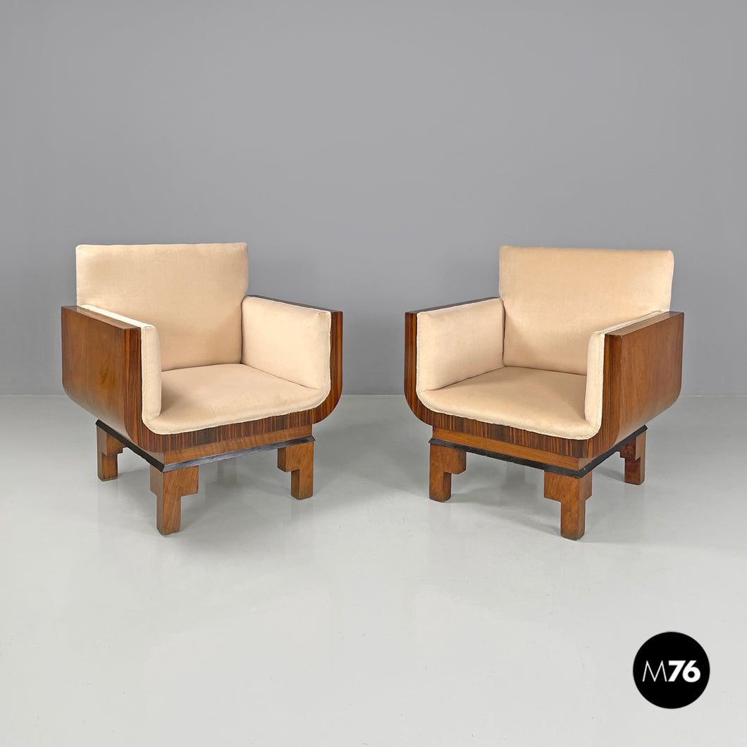 Armchairs in wood and pastel orange velvet, 1930s