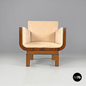 Armchairs in wood and pastel orange velvet, 1930s