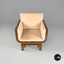 将图片加载到图库查看器，Armchairs in wood and pastel orange velvet, 1930s
