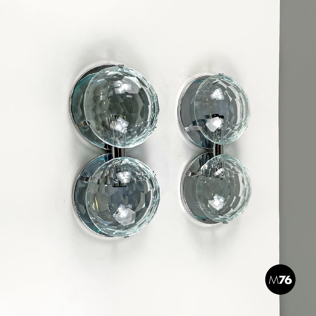 Chromed metal and faceted glass wall lights, 1960s