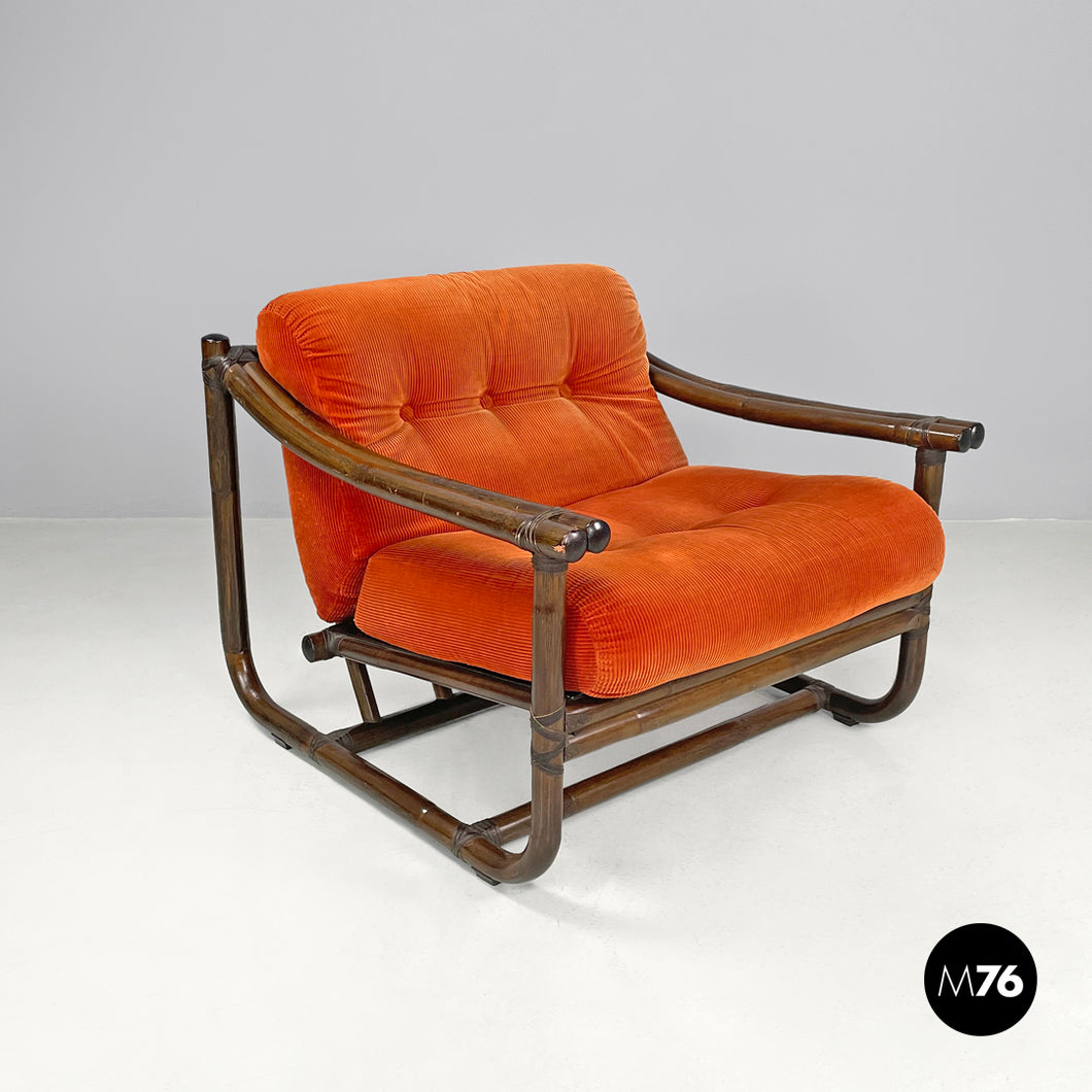 Armchair with orange velvet cushions by Tito Agnoli for Bonacina, 1970s