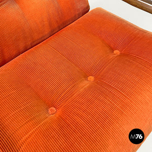 Armchairs with orange velvet cushions by Tito Agnoli for Bonacina, 1970s