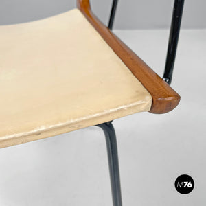 Wood black metal and beige leatherette chair, 1950s