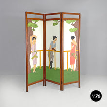 Load image into Gallery viewer, Three-door wooden screen with paintings, early 1900s
