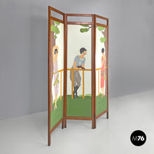 Load image into Gallery viewer, Three-door wooden screen with paintings, early 1900s
