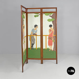 Three-door wooden screen with paintings, early 1900s