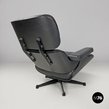 画像をギャラリービューアに読み込む, Black leather and metal armchair and pouf 670 671 by Charles and Ray Eames for ICF, 1970s
