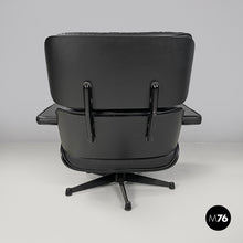 画像をギャラリービューアに読み込む, Black leather and metal armchair and pouf 670 671 by Charles and Ray Eames for ICF, 1970s
