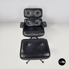 画像をギャラリービューアに読み込む, Black leather and metal armchair and pouf 670 671 by Charles and Ray Eames for ICF, 1970s
