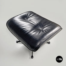 画像をギャラリービューアに読み込む, Black leather and metal armchair and pouf 670 671 by Charles and Ray Eames for ICF, 1970s
