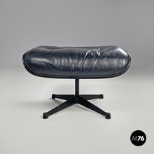 画像をギャラリービューアに読み込む, Black leather and metal armchair and pouf 670 671 by Charles and Ray Eames for ICF, 1970s
