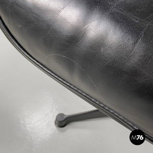 Black leather and metal armchair and pouf 670 671 by Charles and Ray Eames for ICF, 1970s