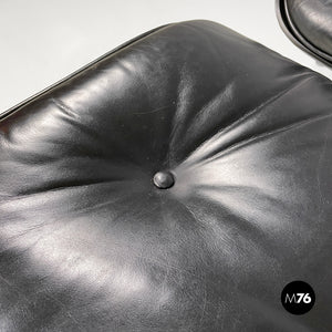 Black leather and metal armchair and pouf 670 671 by Charles and Ray Eames for ICF, 1970s