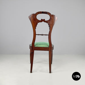 Chair in decorated wood and green fabric, early 1800s