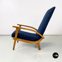 Carica l&#39;immagine nel visualizzatore di Gallery, Wood and blue fabric armchairs, 1950s
