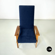Load image into Gallery viewer, Wood and blue fabric armchairs, 1950s

