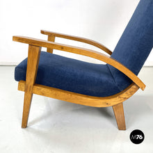 Load image into Gallery viewer, Wood and blue fabric armchairs, 1950s
