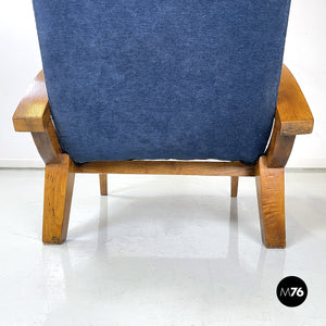 Wood and blue fabric armchairs, 1950s