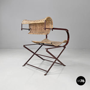 Folding chairs in straw and brown metal, 2000s
