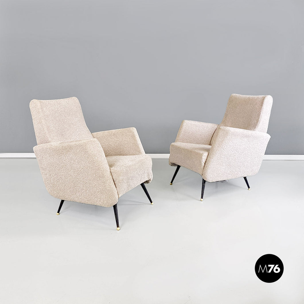 Gray bouclè fabric and black metal pair of armchairs, 1960s