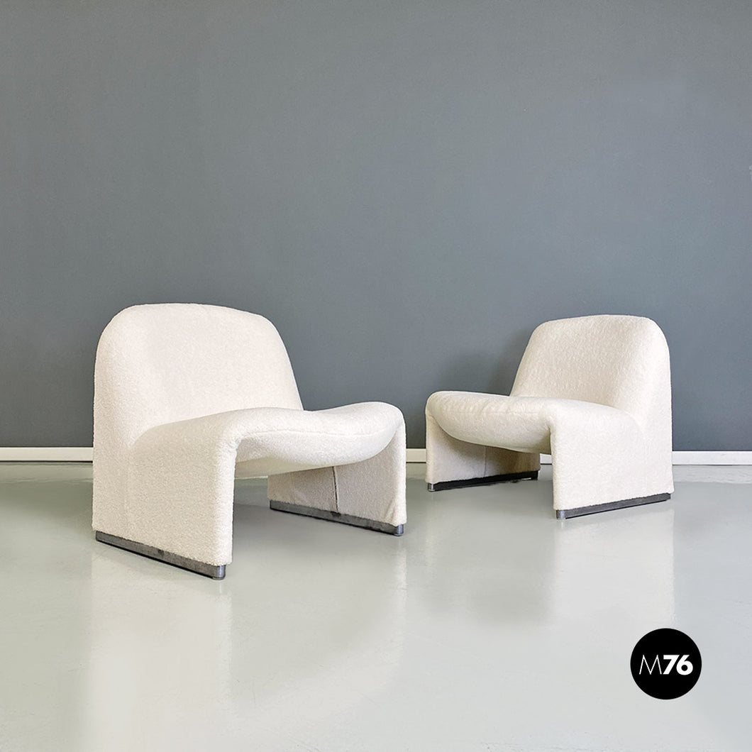 White teddy fabric and metal details Alky armchairs by Giancarlo Piretti for Anonima Castelli, 1970s