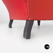 将图片加载到图库查看器，Red leather armchairs with armrests and wooden legs, 1940s
