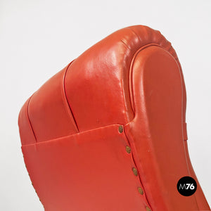 Red leather armchairs with armrests and wooden legs, 1940s