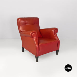 Red leather armchairs with armrests and wooden legs, 1940s