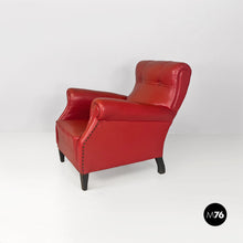 将图片加载到图库查看器，Red leather armchairs with armrests and wooden legs, 1940s
