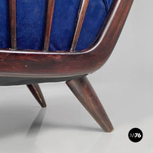 画像をギャラリービューアに読み込む, Dark blue velvet and black wood armchairs, 1960s
