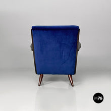 画像をギャラリービューアに読み込む, Dark blue velvet and black wood armchairs, 1960s
