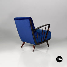 画像をギャラリービューアに読み込む, Dark blue velvet and black wood armchairs, 1960s
